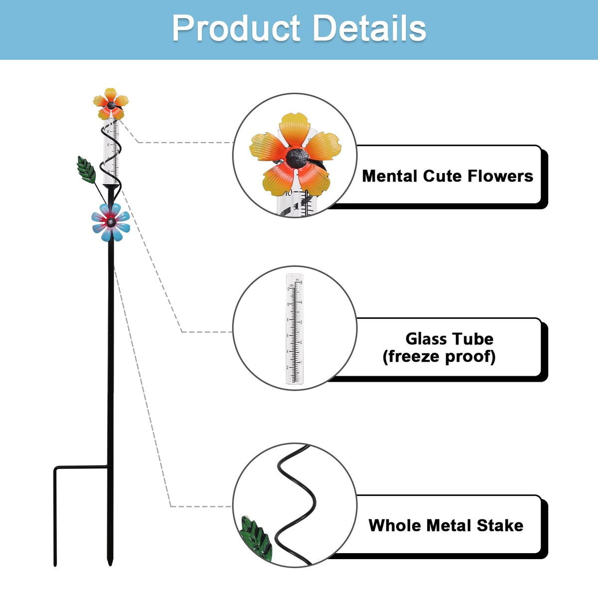 ESTTOP Flower Rain Gauge uses a sturdy bracket for all-weather garden stability