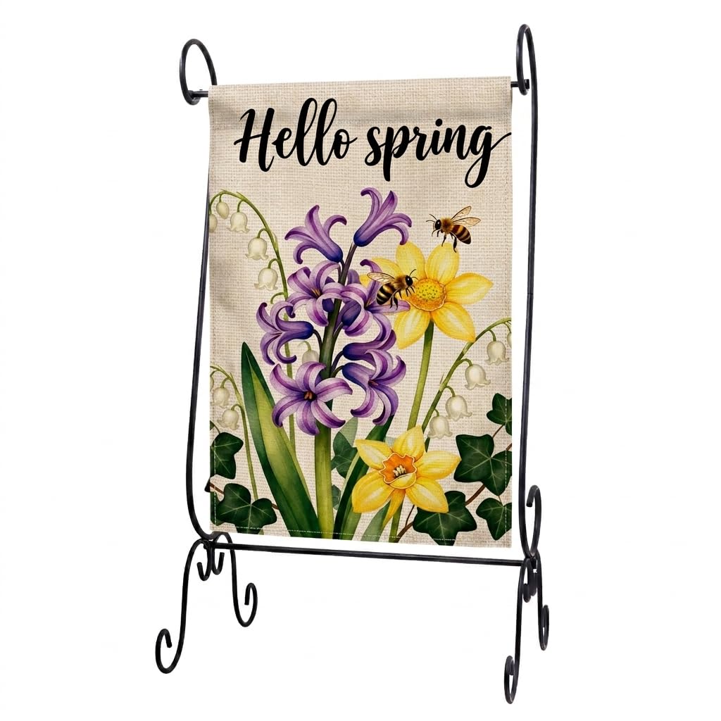 ESTTOP Scroll Garden Flag Stand front view highlights ornate scrollwork for stylish outdoor decor.
