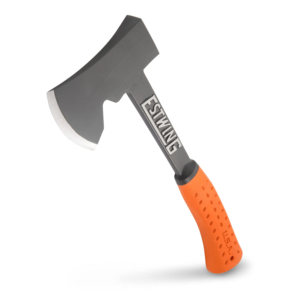 Estwing Camper's Axe 14-inch blue handle ready for campsite firewood