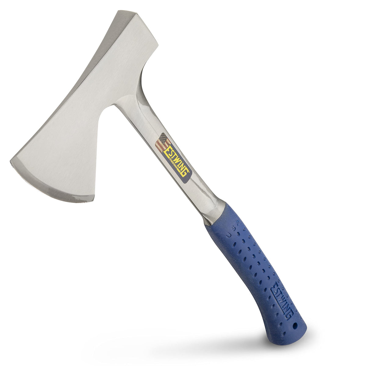 Estwing Camper's Axe head and handle in one-piece forged steel for lasting durability.