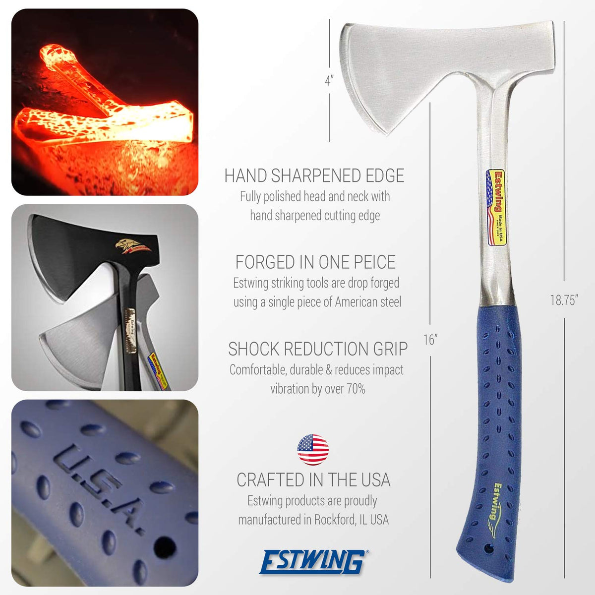 Estwing Camper's Axe with shock reduction grip reduces vibration for comfortable use.