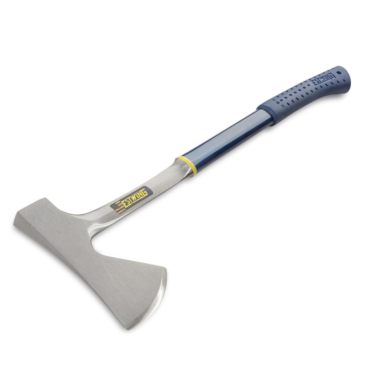Forged steel head on Estwing Camper's Axe emphasizes balanced design for tough chopping