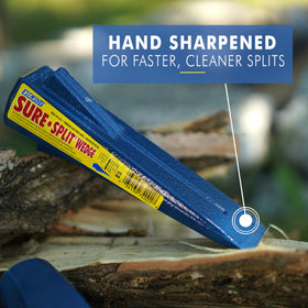 Estwing Sure Split wedge in use on firewood, showing powerful split with each swing.