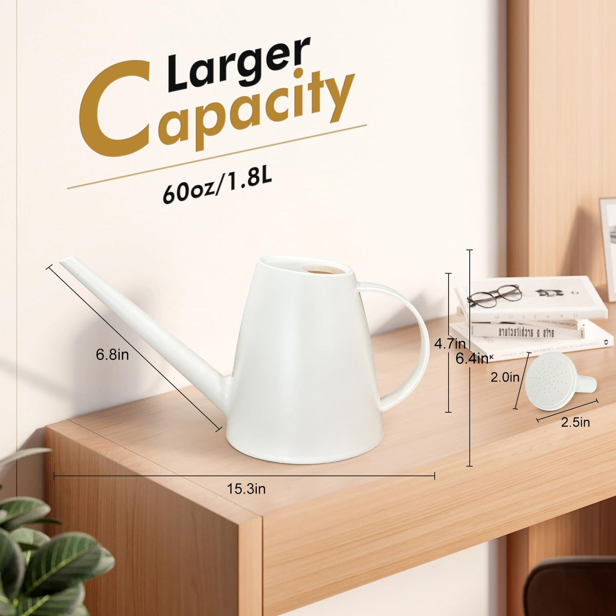 Etarewilt 1.8L capacity white watering can reduces refills.