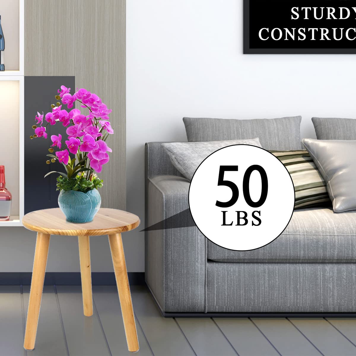 Ethuh round side table doubles as plant stand and cozy surface.