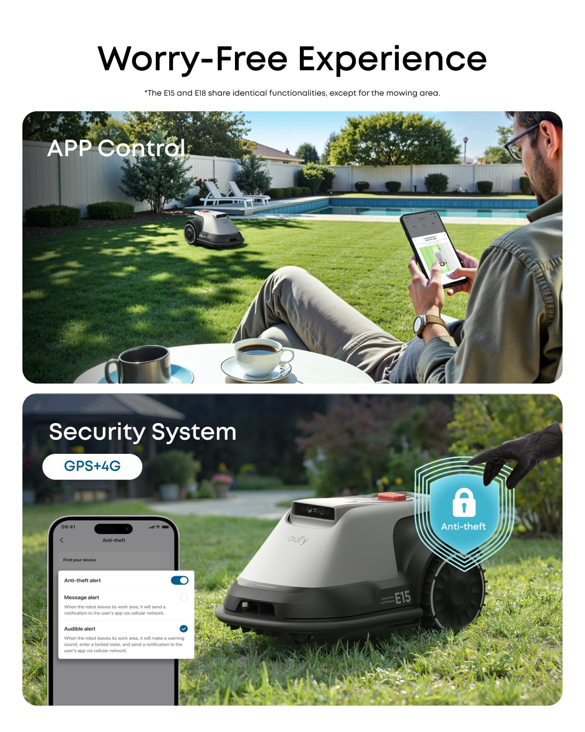 eufy e15 auto recall returns to base and resumes after rain or low light.