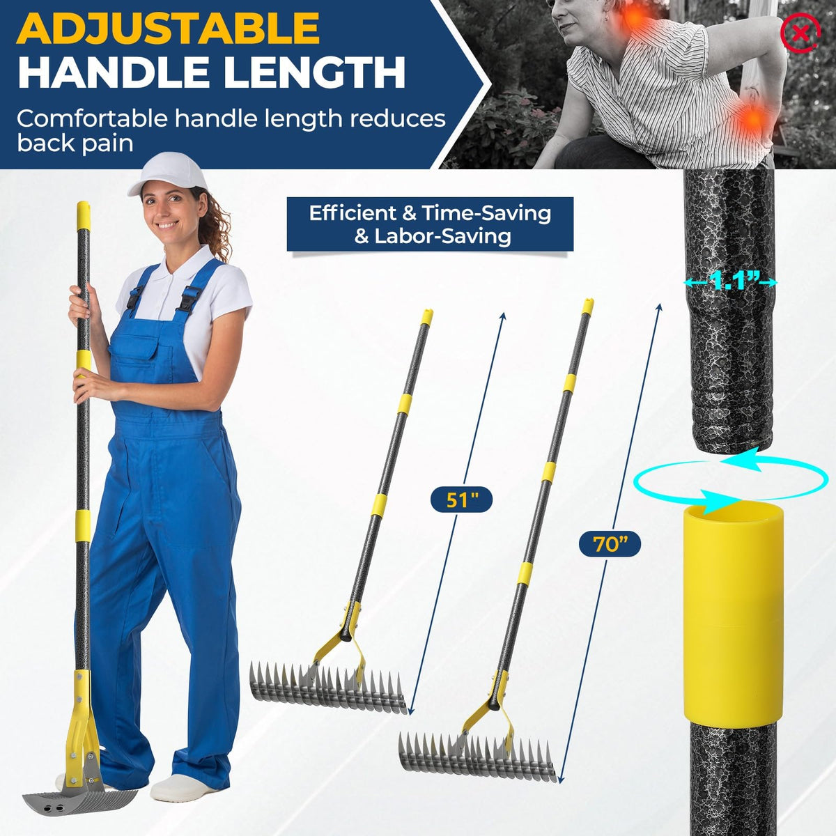 Adjustable-angle rake head enables deep weeding and detail work