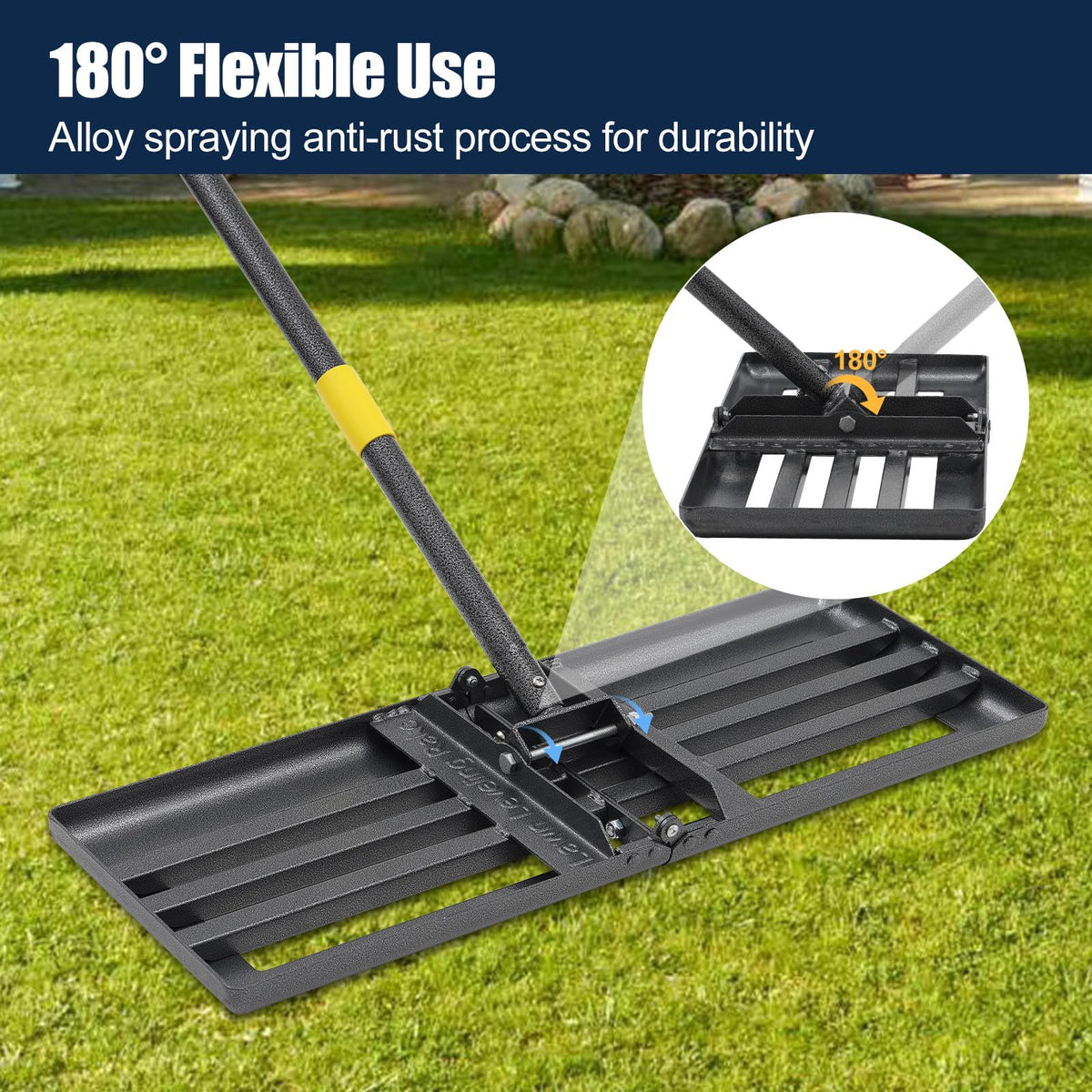 Adjustable 72-inch handle on EUIJOIP rake enabling comfortable reach