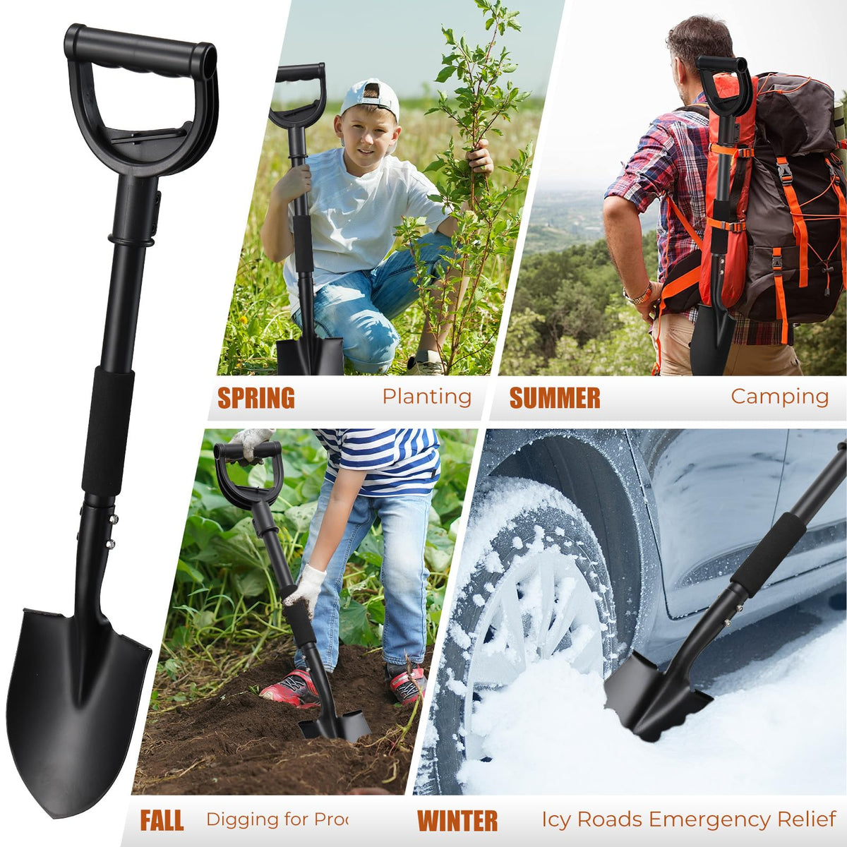 EUIJOIP compact shovel handles camping and snow removal emergencies.