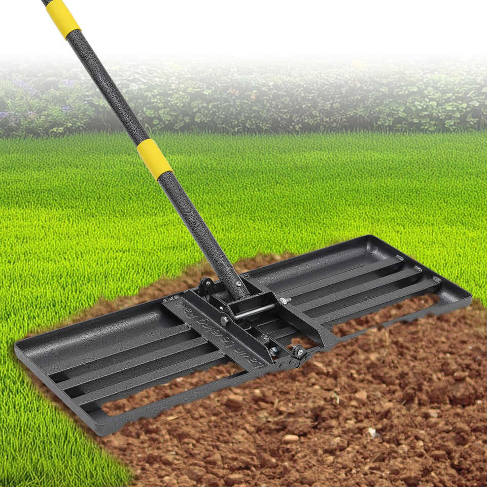 EUIJOIP heavy-duty lawn leveling rake overview showing main features and even lawn results