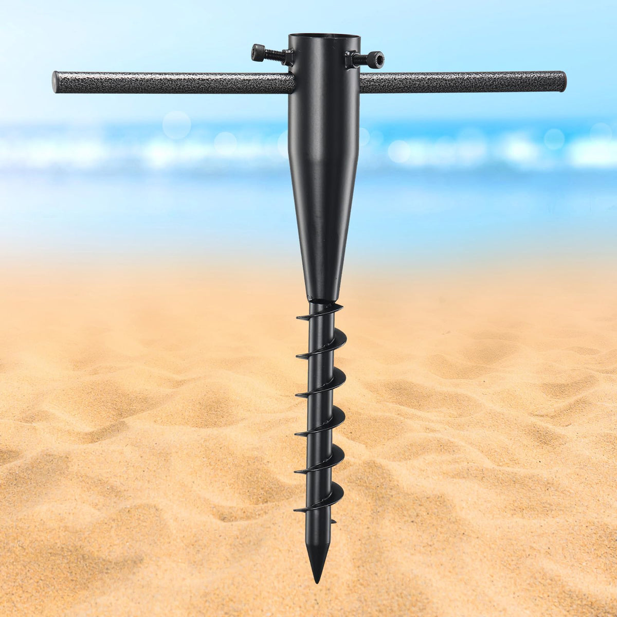EUIJOIP heavy-duty spiral anchor secures umbrellas on soft sand.
