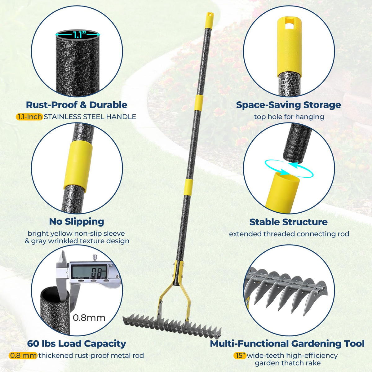 Heavy-duty steel tines slice through dense turf and debris