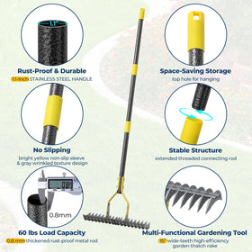 Heavy-duty steel tines slice through dense turf and debris