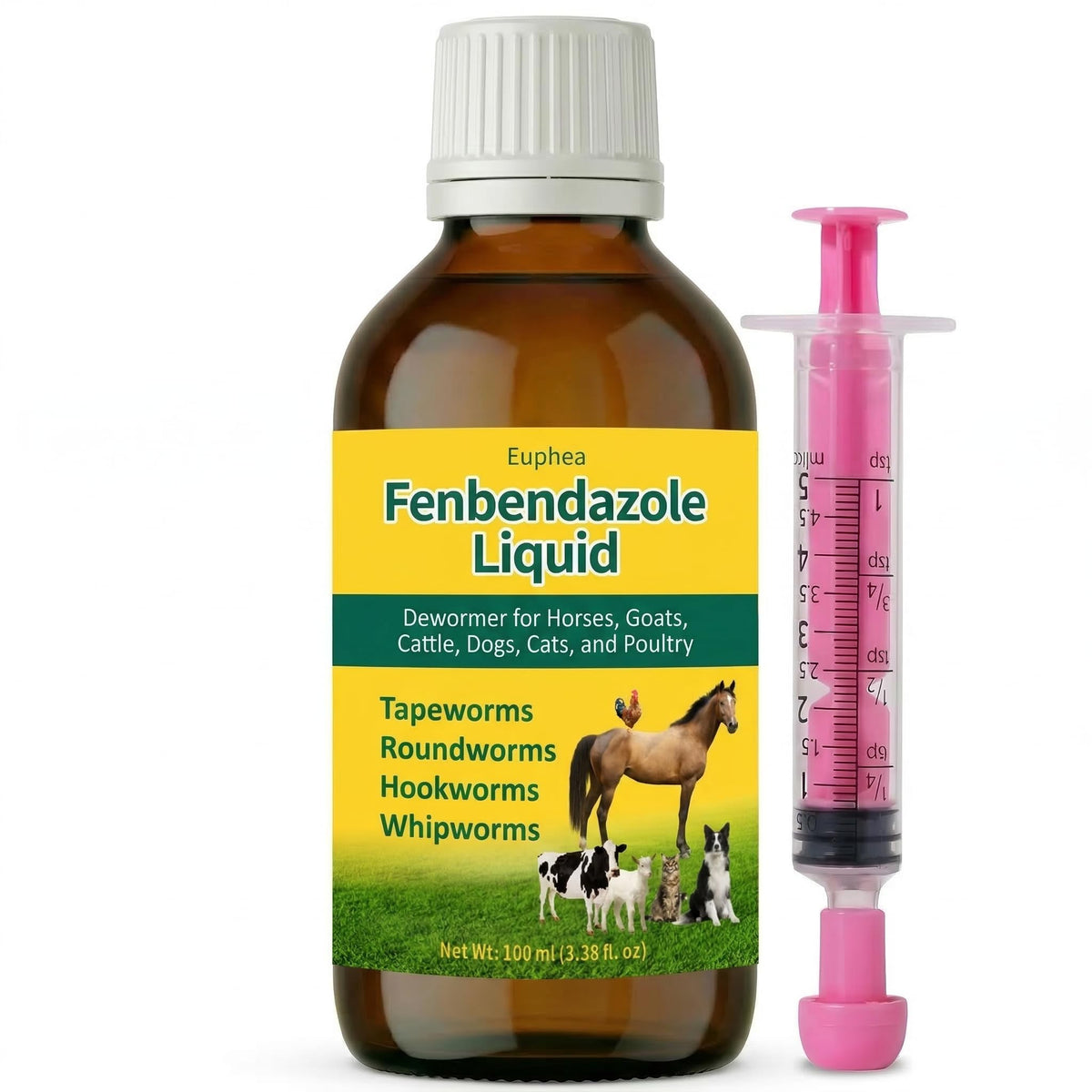 Euphea Fenbendazole horse dewormer bottle pour supports digestive comfort.