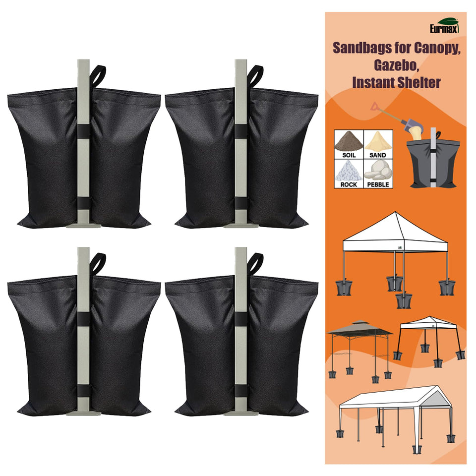Eurmax universal canopy weights four-pack stabilizing a shelter outdoors.