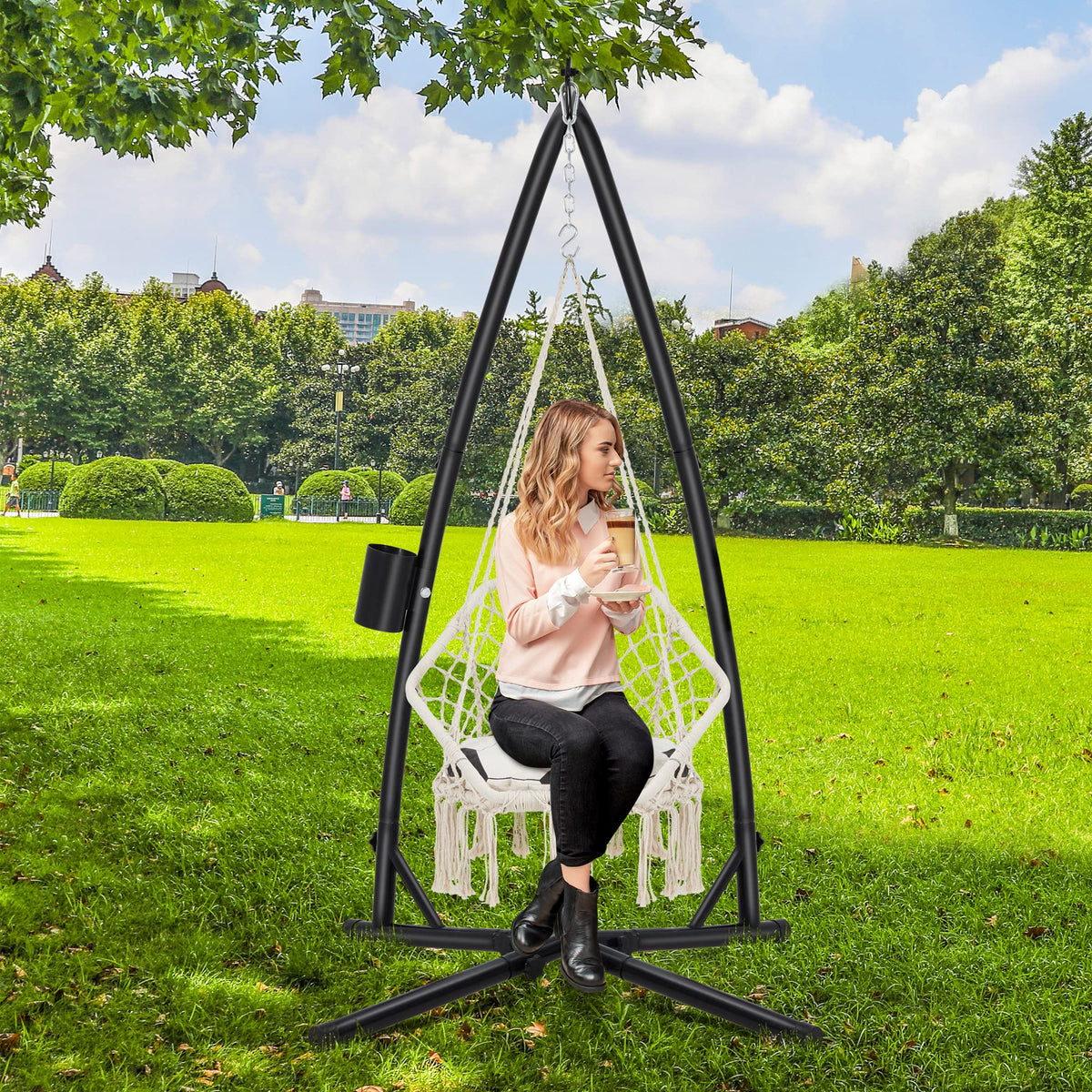 Eusuncaly stand shown indoors and outdoors for versatile use