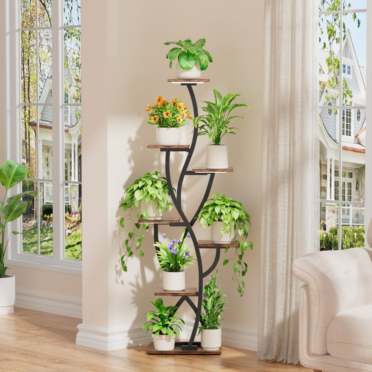 EVAWOO 7-tier indoor shelf showcases multiple plants in a space-saving spiral layout.