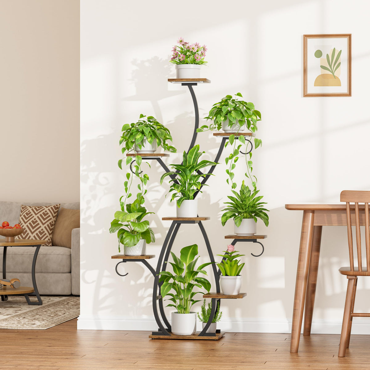 EVAWOO indoor plant display rack enhances living room or entryway.