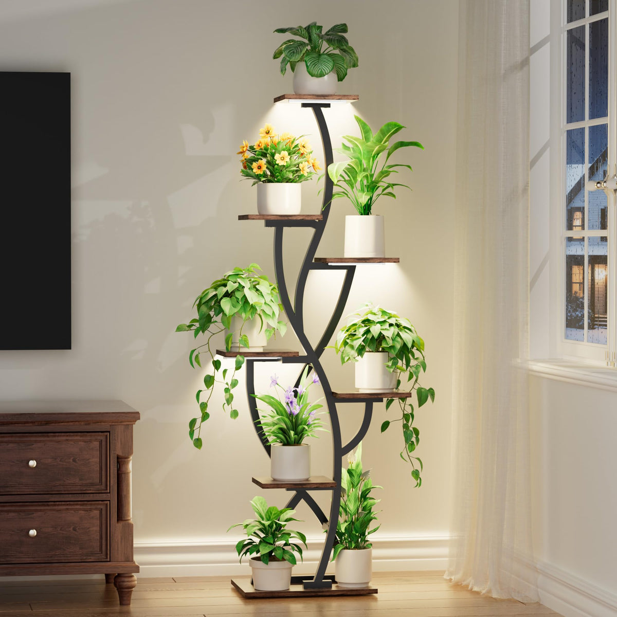 EVAWOO plant stand with grow lights highlights a 58-inch corner display for thriving indoor greens.