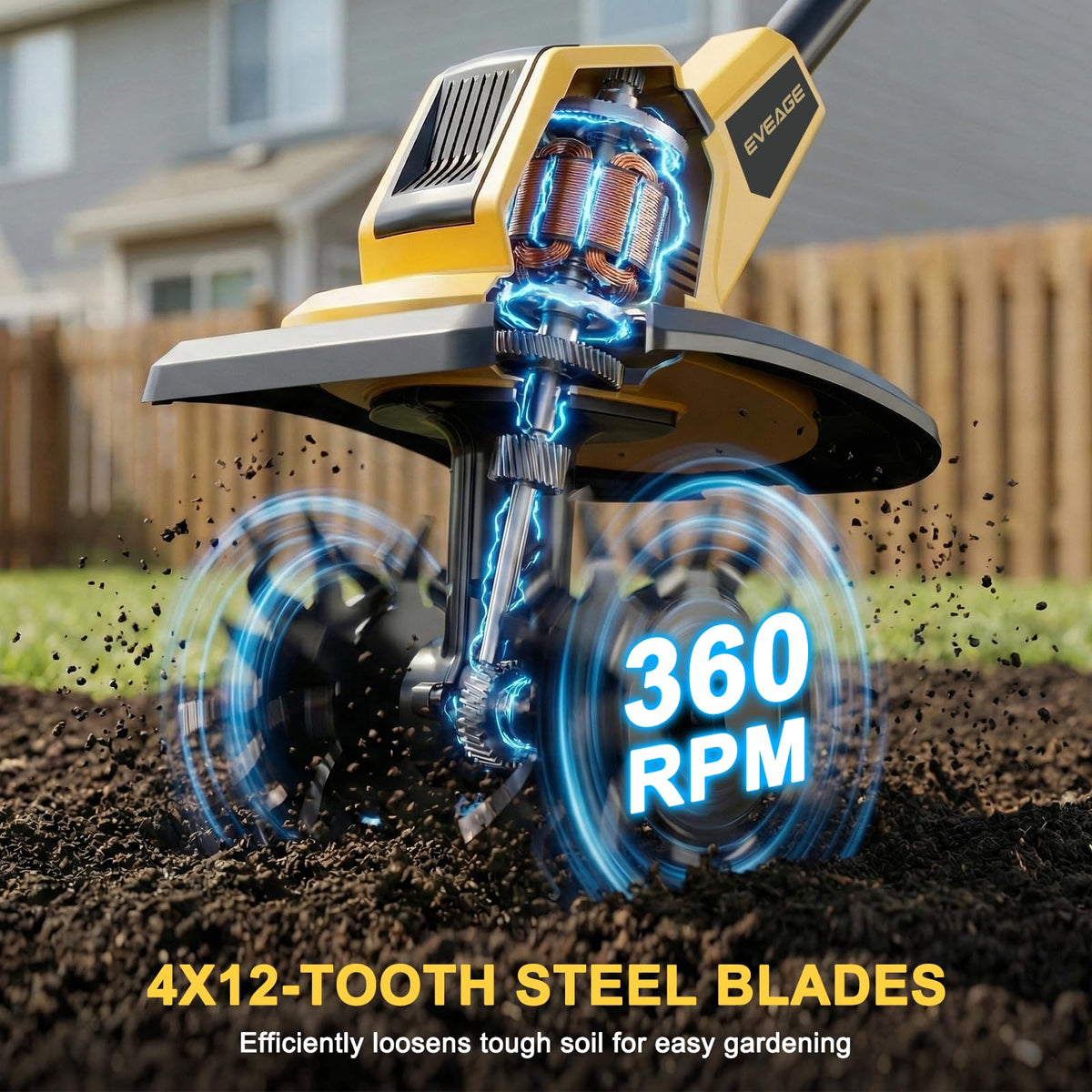 EVEAGE tiller showing 48 steel tines for efficient soil turning