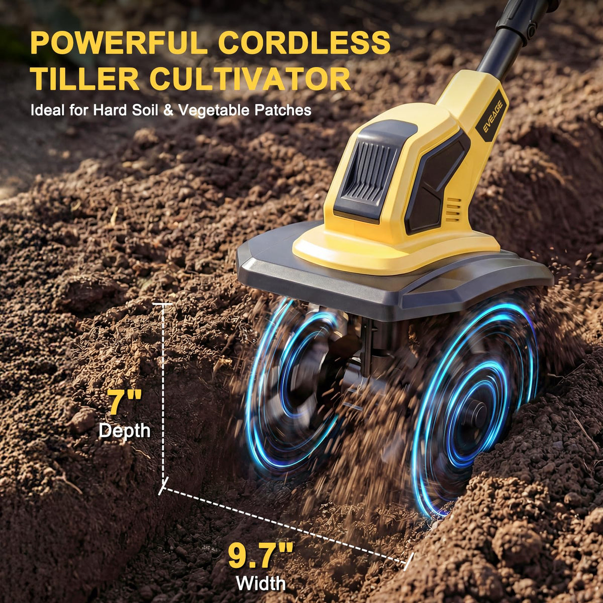 EVEAGE 21V cordless tiller battery pack attached for portable tilth