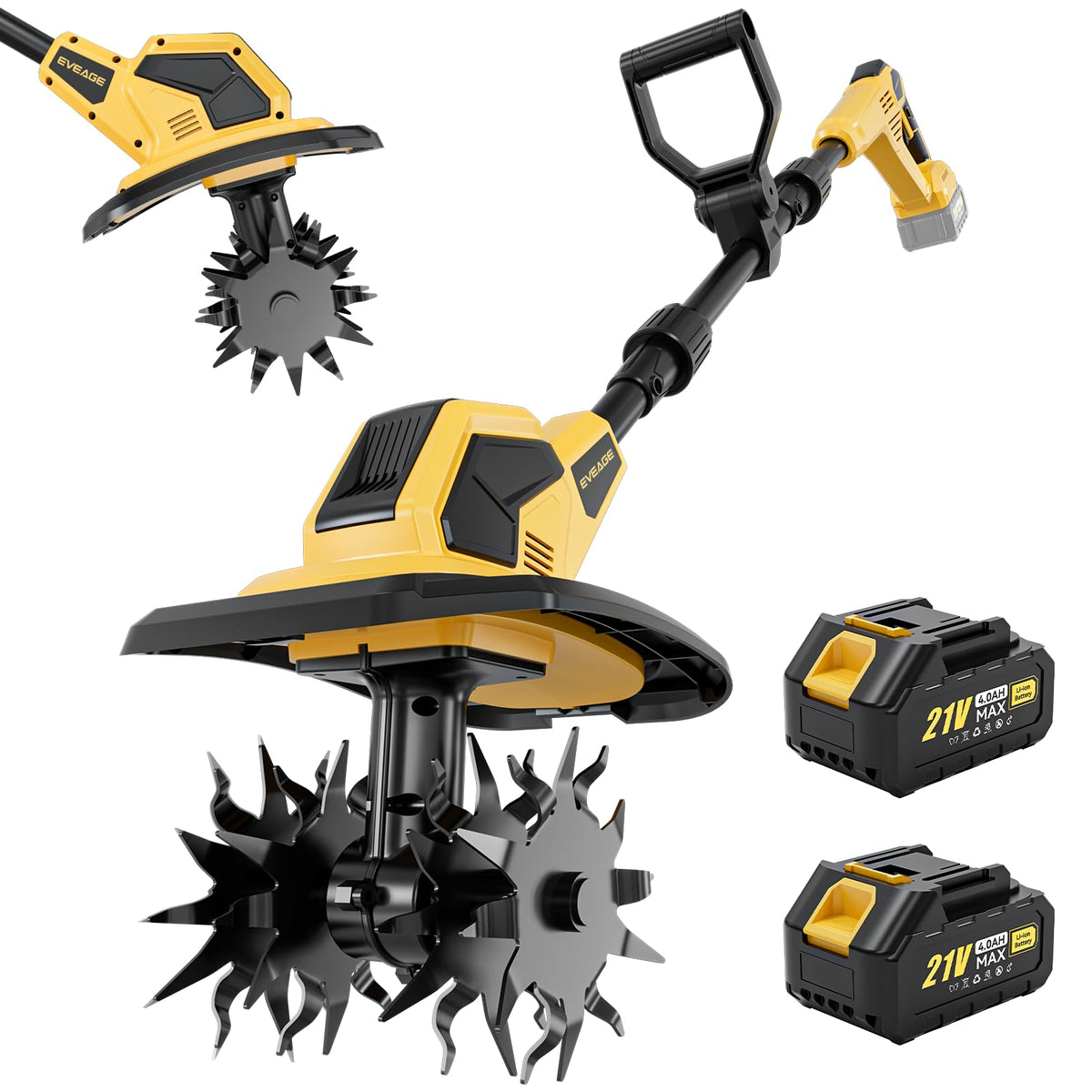 EVEAGE 21V cordless tiller front view with compact design for small gardens