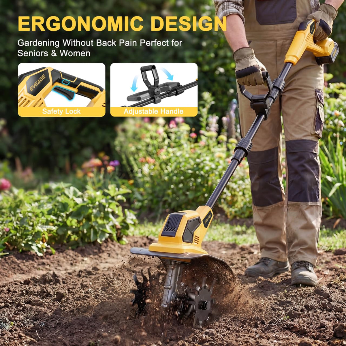 EVEAGE tiller showing 9.7-inch width for wider pass coverage