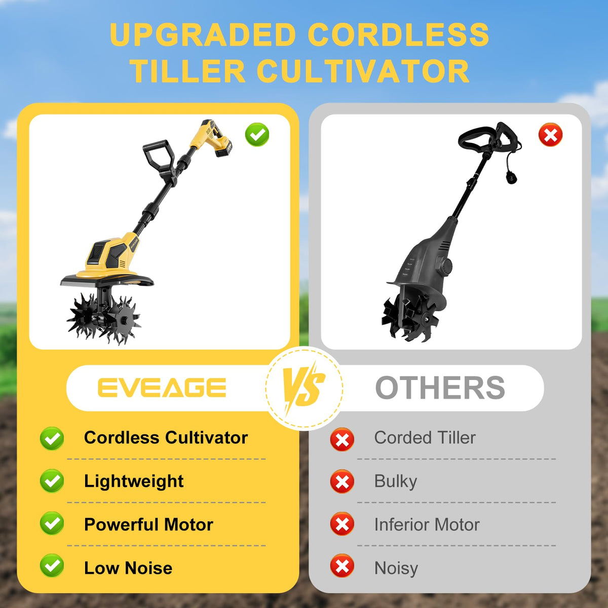 EVEAGE tiller showing 7-inch tilling depth for bed preparation
