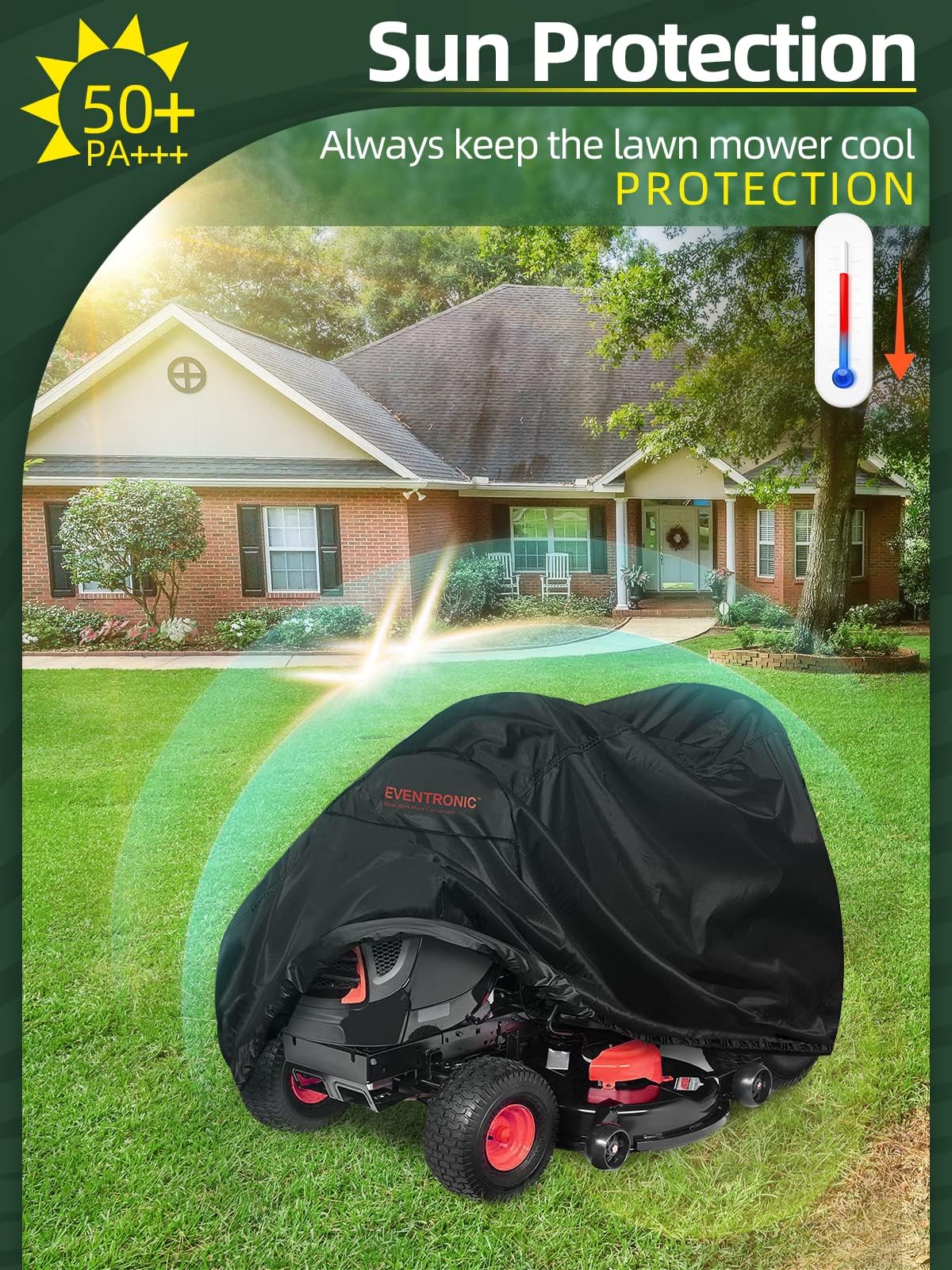 Eventronic riding lawn mower cover ships with a storage bag for easy stowaway.