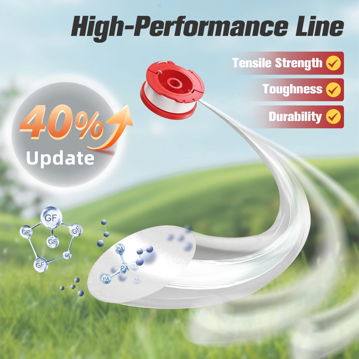 PA6 nylon with 30% glass fiber for stiffer, longer-lasting line.