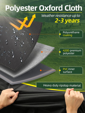 Eventronic riding lawn mower cover uses breathable 420D Oxford fabric to deter moisture.