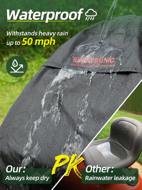 Eventronic riding lawn mower cover features reinforced vents and elastic hem for wind resilience.