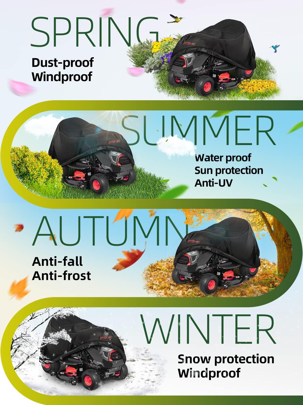 Eventronic riding lawn mower cover fits a wide range of brands for universal use.