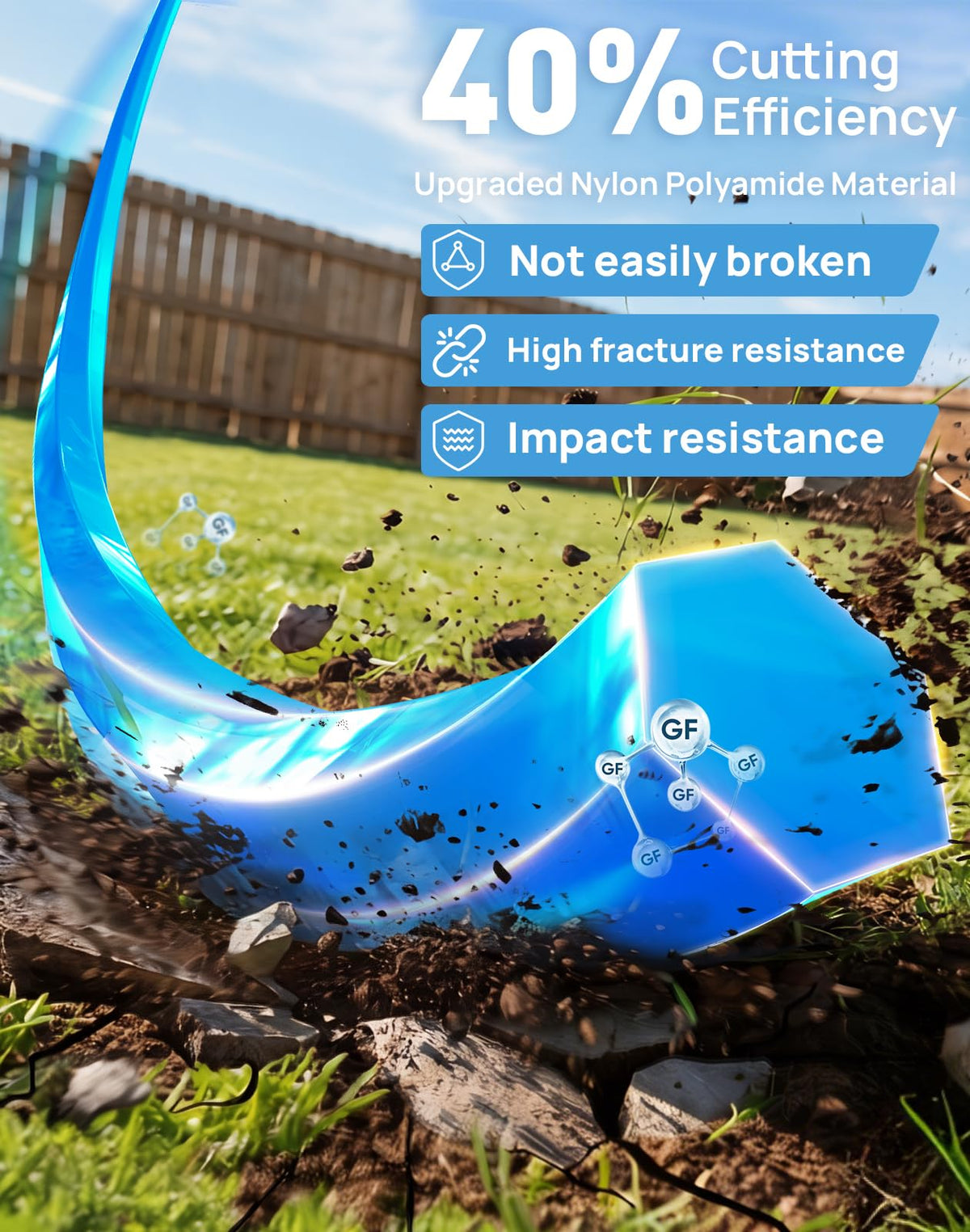 Eventronic weed eater string cross-section highlights six cutting edges for efficient passes