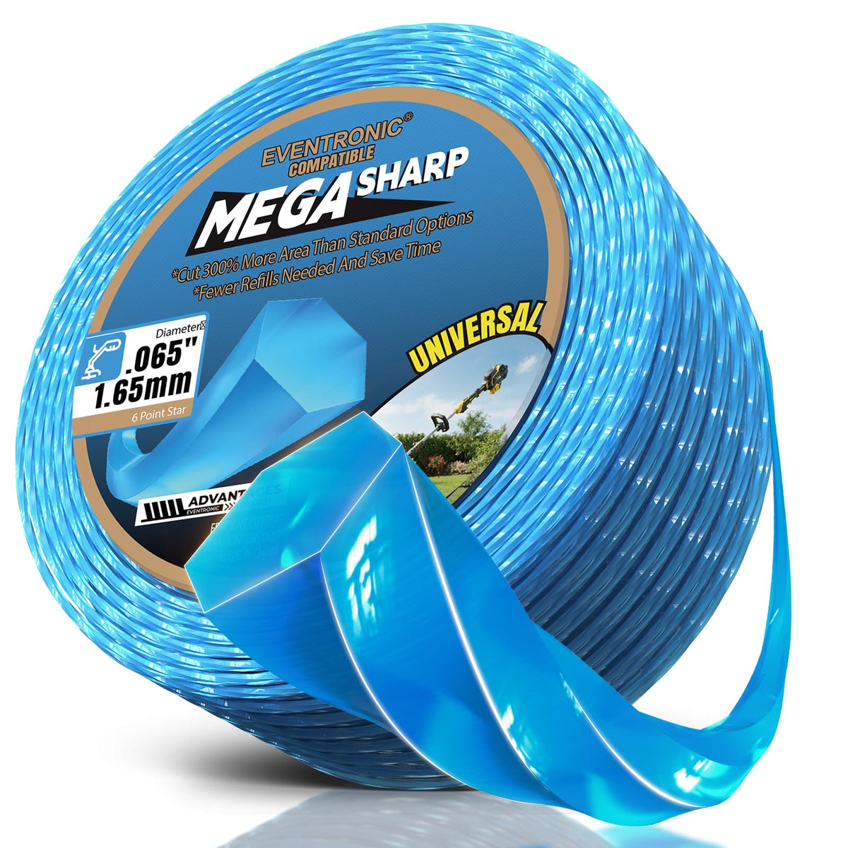 Eventronic weed eater string spool closeup shows hexagonal profile for tough weeds