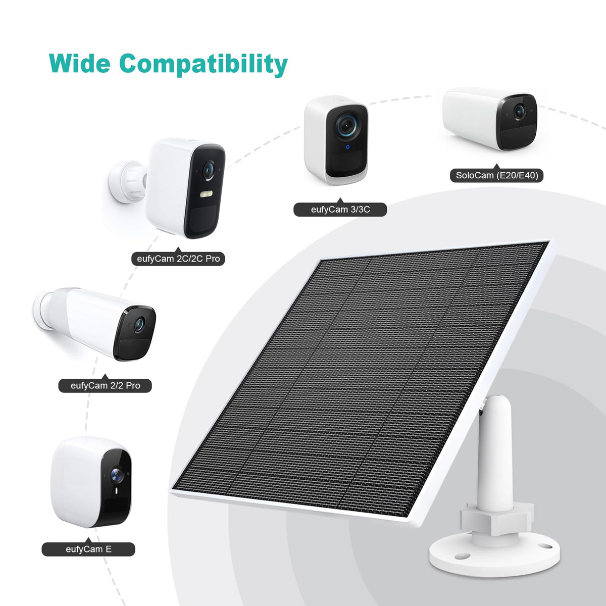 EverExceed Eufy solar panel, 9.8 ft cord, flexible placement for setup.