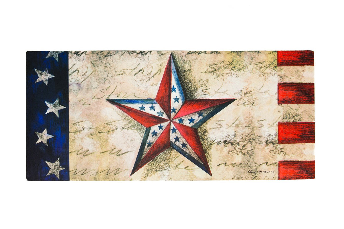 Evergreen Flag Sassafras Stars on Star mat, front view, adds patriotic curb appeal.