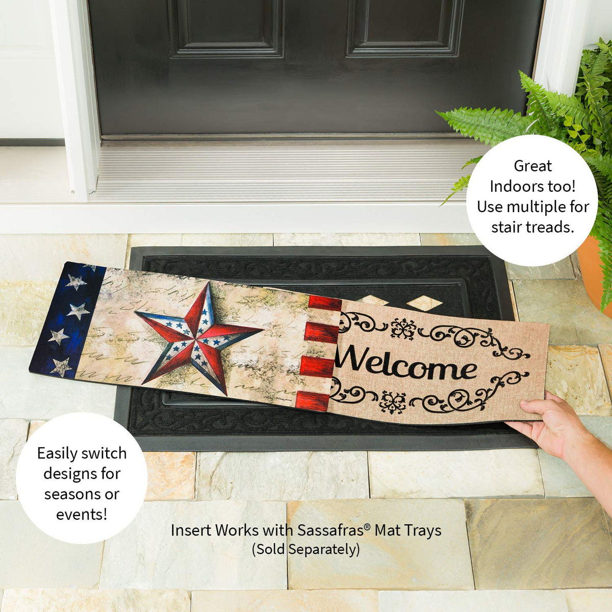 Evergreen Flag Sassafras Stars on Star mat, anti-slip backing shown, protects entryway in any weather.
