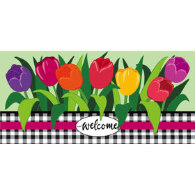 Evergreen Flag Sassafras doormat at the front door with welcoming tulips