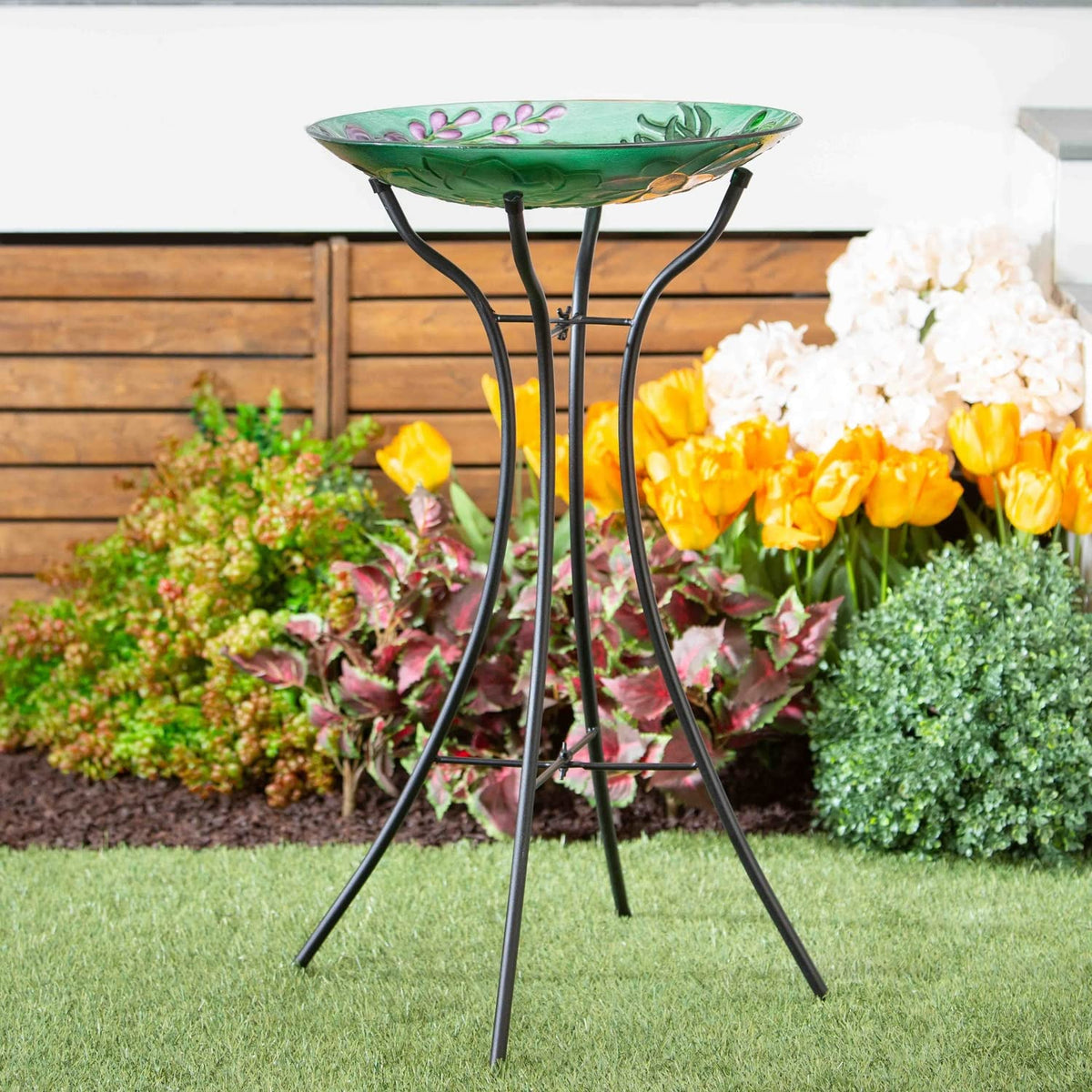 Top view shows four sturdy steel legs keeping bird baths steady in windy patios
