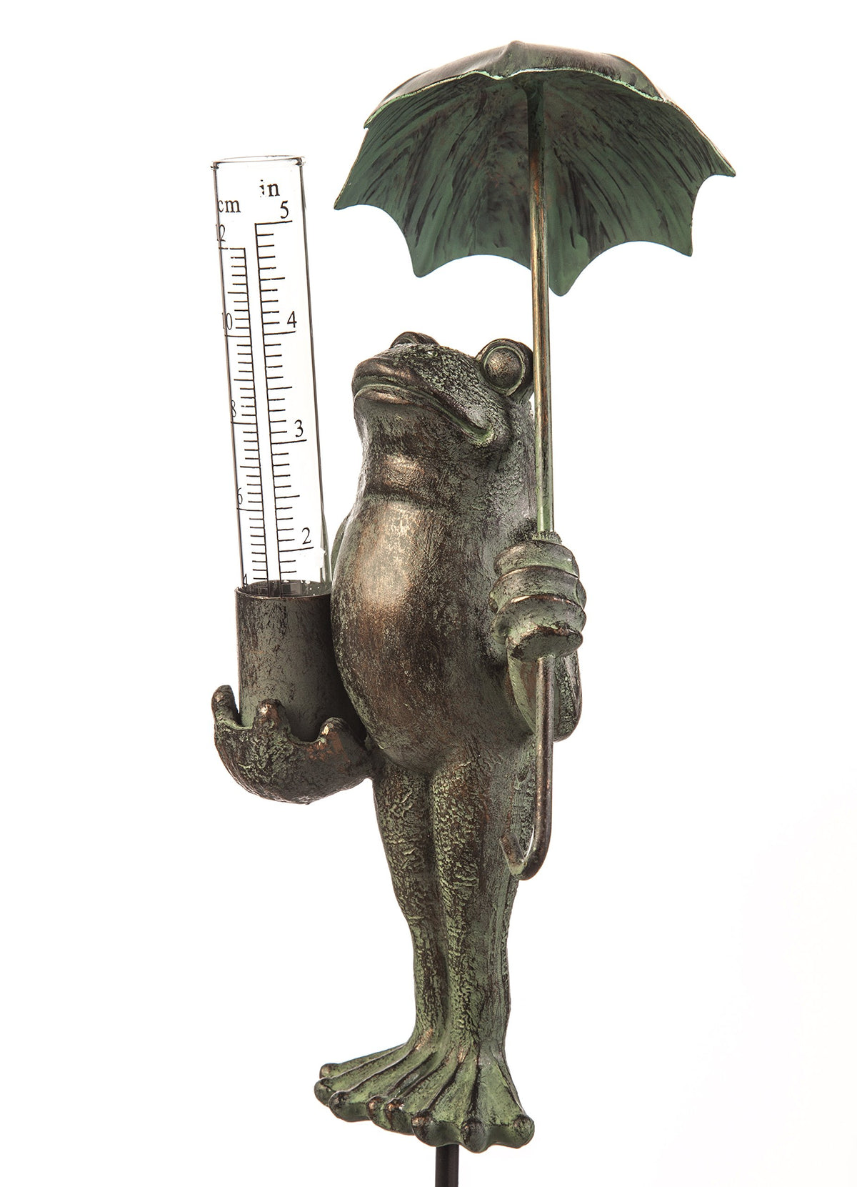 Evergreen Garden metal frog statue with umbrella decorates outdoor space and adds whimsy.