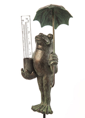 Evergreen Garden metal frog statue with umbrella decorates outdoor space and adds whimsy.