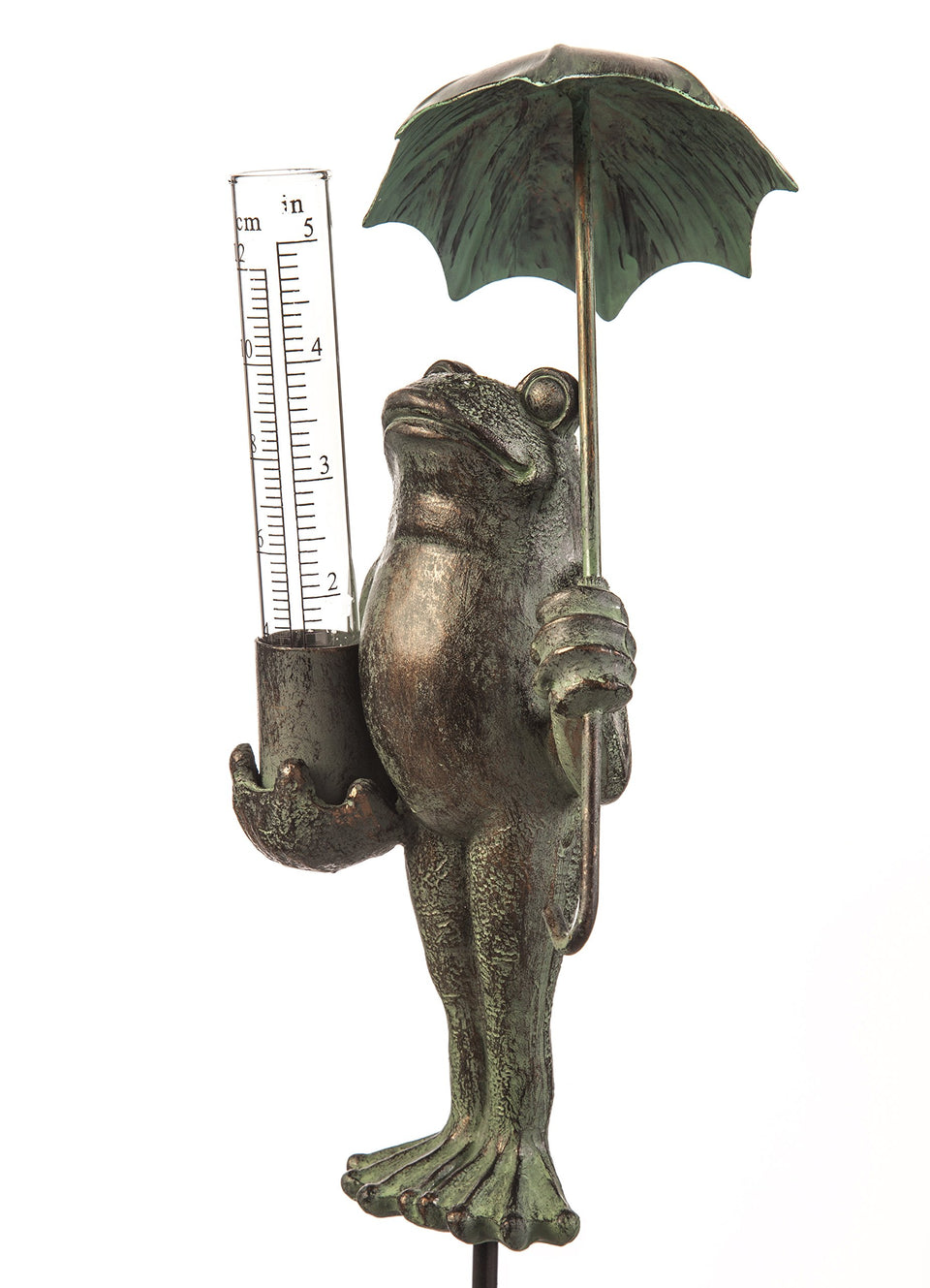 Evergreen Garden metal frog statue with umbrella decorates outdoor space and adds whimsy.