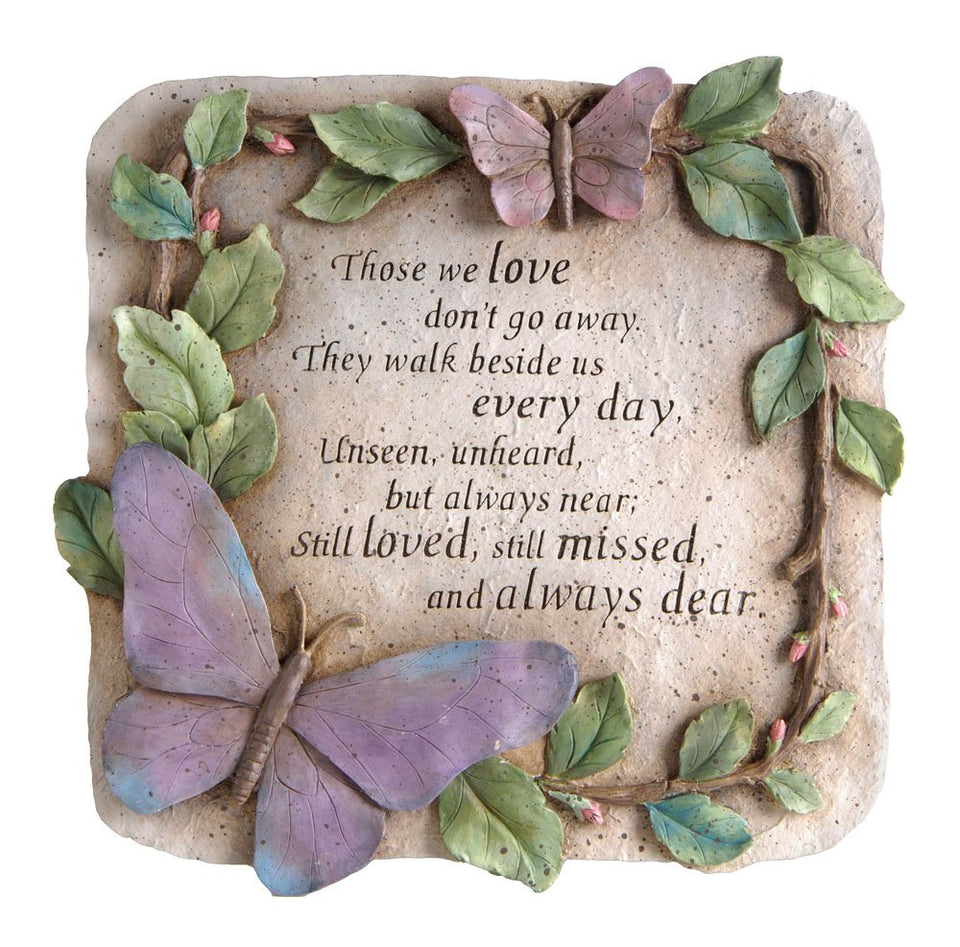 Evergreen Garden memorial stone with pink and purple butterflies; ideal for outdoor remembrance.