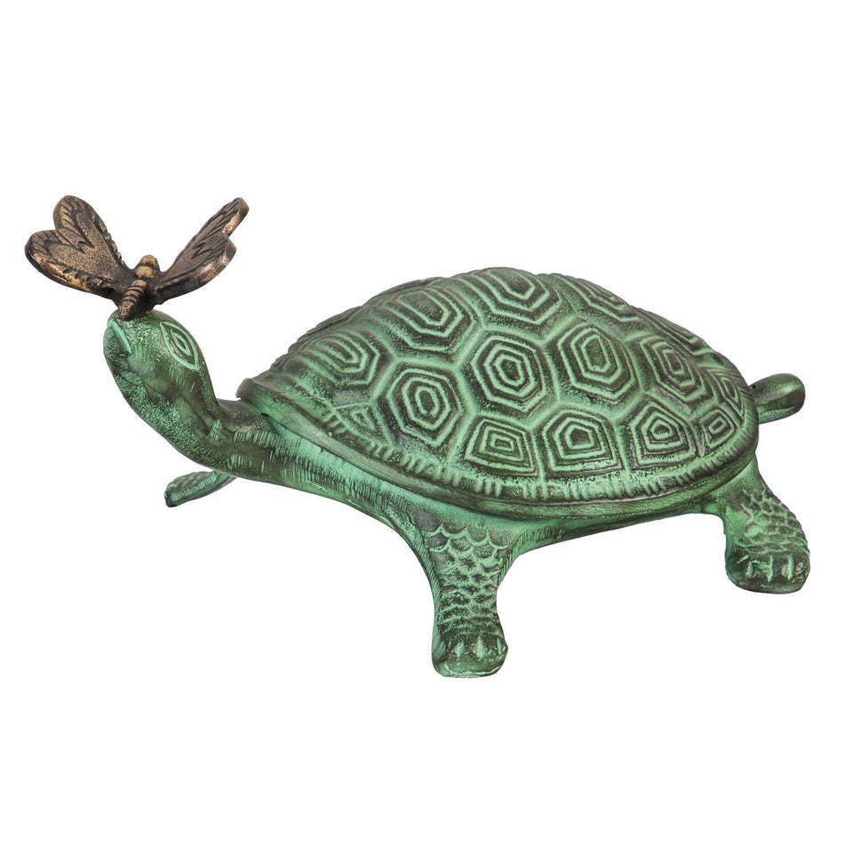 Evergreen Garden turtle-butterfly statue in verdigris finish adds garden charm.