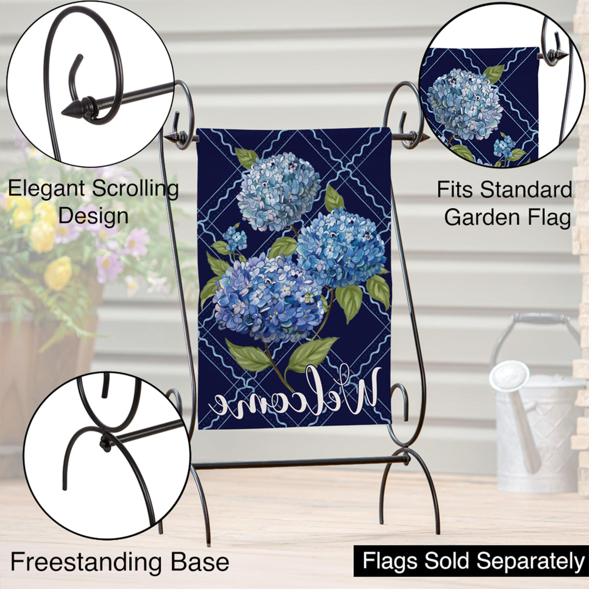 Evergreen Scroll Garden Flag Stand holding 12x18 garden flag outdoors