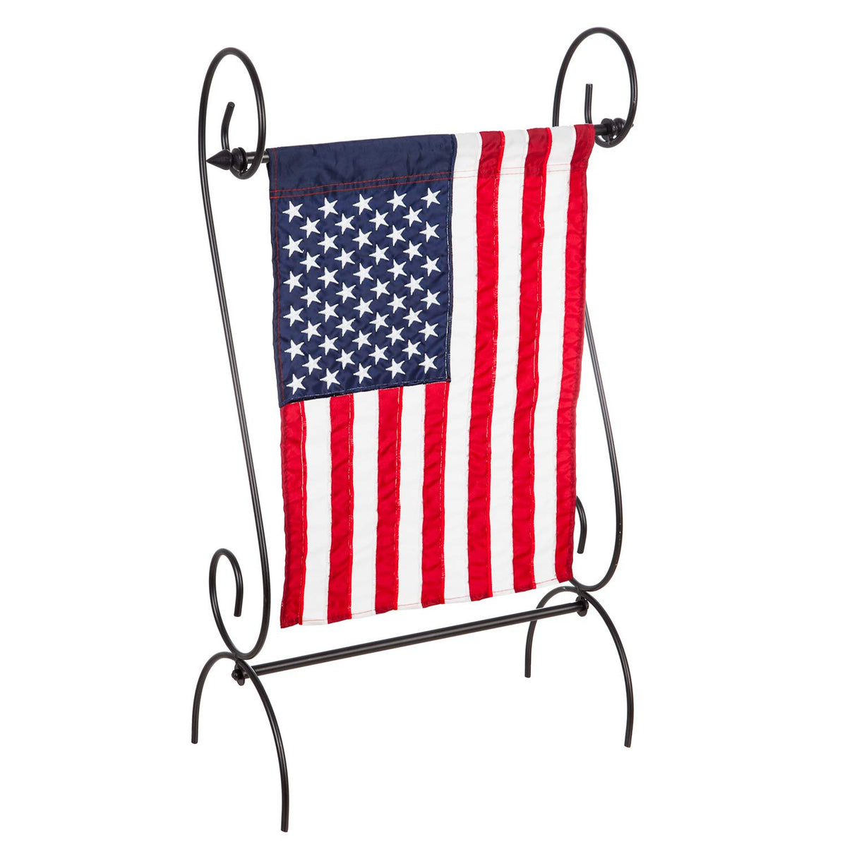 Evergreen Scroll Garden Flag Stand front view, ideal for porch displays