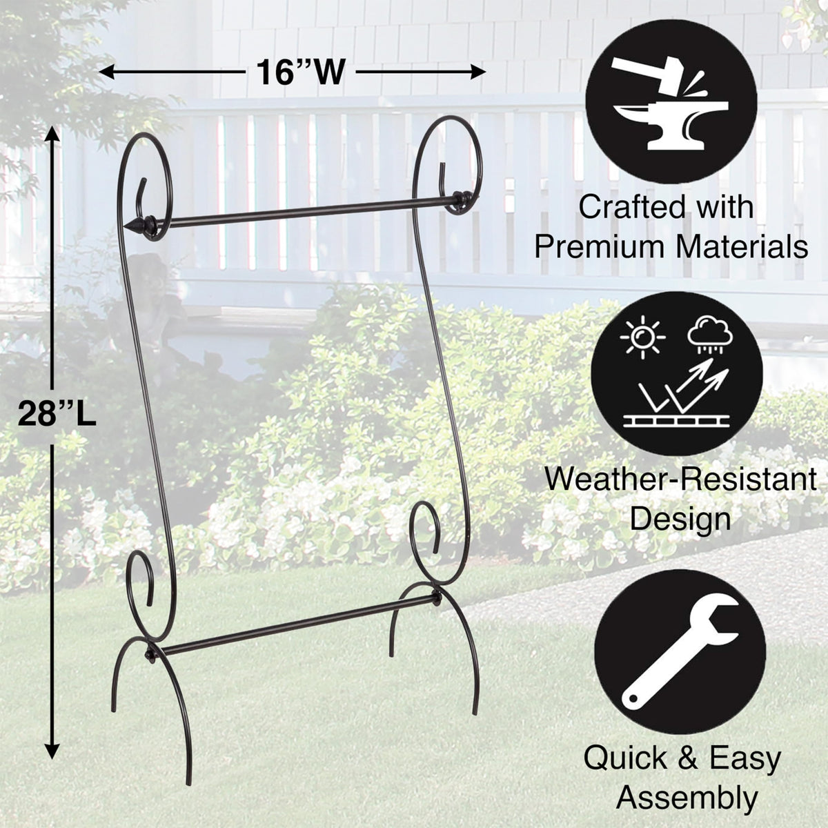 Evergreen Scroll Garden Flag Stand on patio with seasonal flag