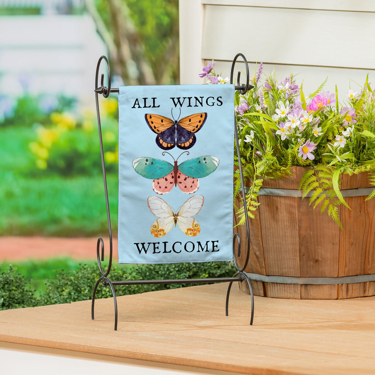 Evergreen Scroll Garden Flag Stand side detail, powder-coated finish