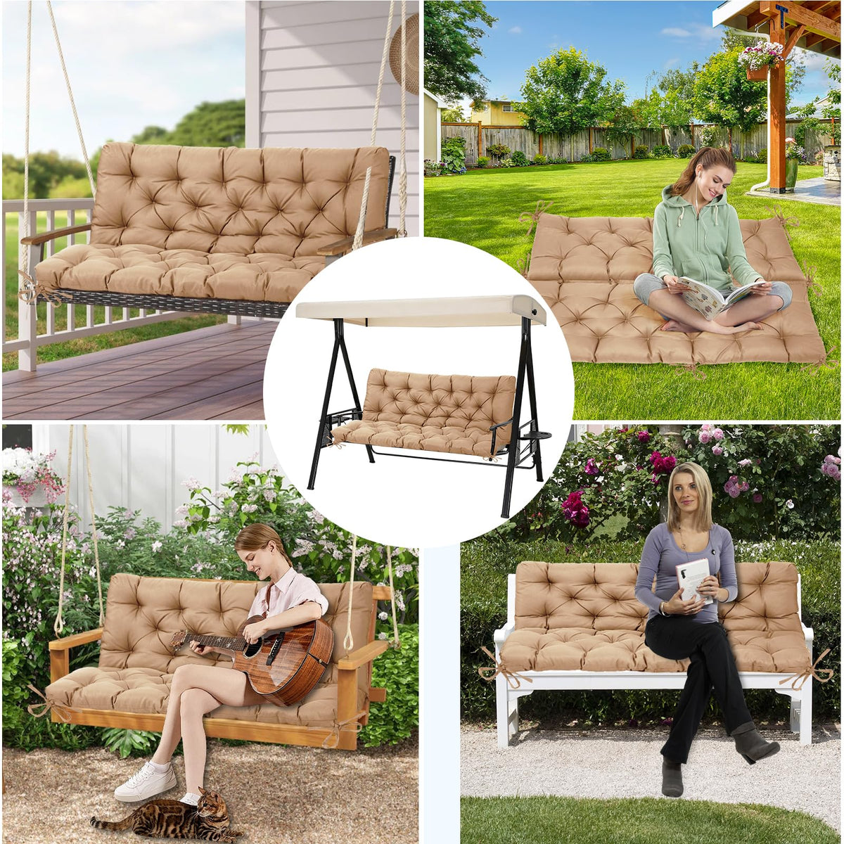 EverPine garden swing seat cushion in khaki adds durable comfort